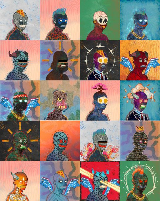 A grid of 20 colorful NFT-style illustrations featuring various stylized character portraits with glowing eyes, crowns, wings, and surreal features in vibrant colors and patterns.