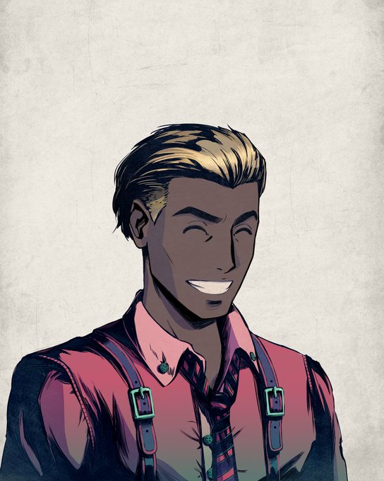 Stylized illustration of a smiling blonde man with an undercut wearing a pink shirt and suspenders.