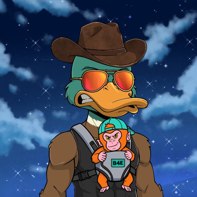 A digital illustration of a duck character wearing a brown cowboy hat and orange sunglasses against a starry night sky, carrying a baby monkey in a 'B4E' labeled baby carrier.