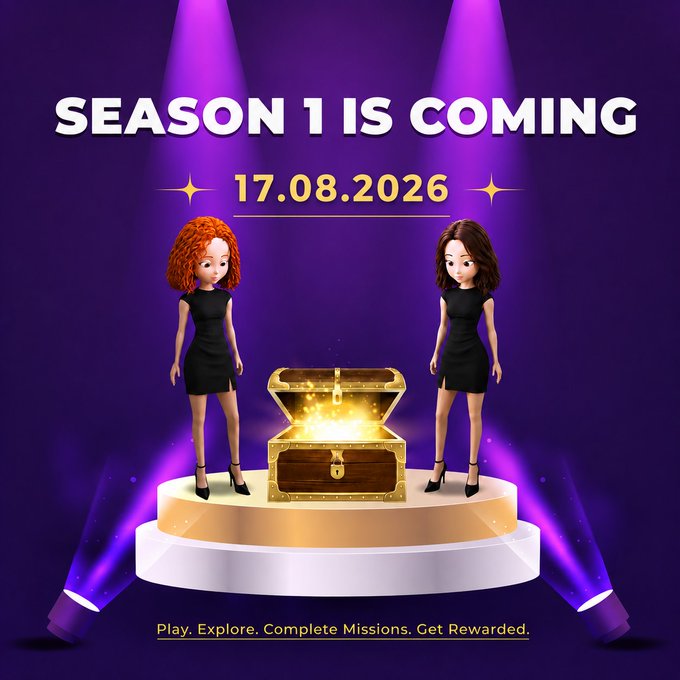 A promotional graphic announcing 'SEASON 1 IS COMING' on 17.08.2026, featuring two female 3D cartoon characters in black dresses flanking a glowing treasure chest on a purple-lit stage.