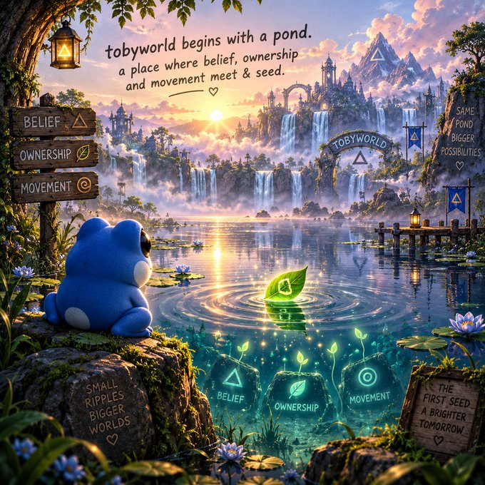 A fantasy digital artwork titled 'tobyworld begins with a pond,' depicting a blue bear-like creature on a rock beside a glowing green leaf floating on water, with wooden signs reading 'BELIEF', 'OWNERSHIP', 'MOVEMENT', 'SAME POND BIGGER POSSIBILITIES', 'SMALL RIPPLES BIGGER WORLDS', and 'THE FIRST SEED, A BRIGHTER TOMORROW'.