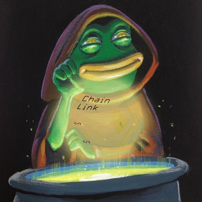 A painting of Pepe the Frog depicted as a monk or wizard in a hooded robe, holding a glowing tablet labeled 'Chain Link' above a bubbling cauldron.