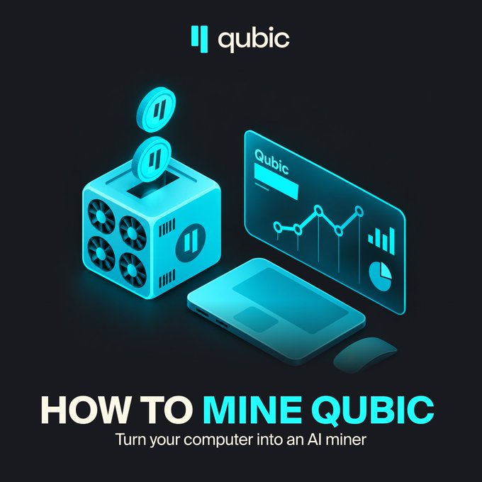 The image is a promotional graphic featuring the Qubic logo above an isometric illustration of a cyan-lit mining rig, monitor displaying analytics, and smartphone/mouse, with the bold caption "HOW TO MINE QUBIC — Turn your computer into an AI miner," directly illustrating the post's message that Qubic mining trains AI rather than solving traditional hash puzzles.