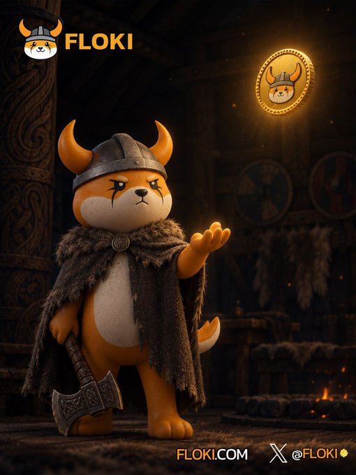 A 3D rendered Floki cryptocurrency mascot depicted as a Viking character with helmet, axe, and fur cloak in a medieval setting, branded with 'FLOKI.COM' and '@FLOKI'.