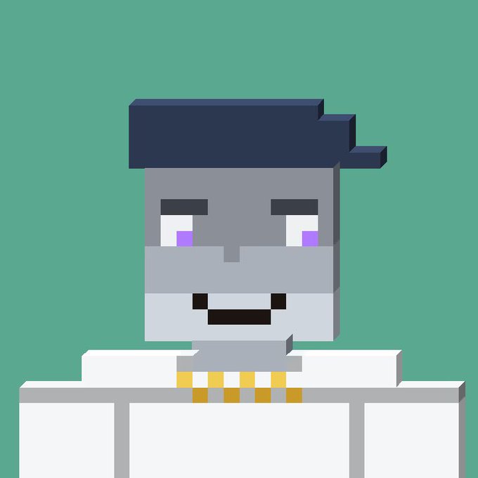 Pixel art NFT character with gray skin, purple eyes, and a black pompadour hairstyle, wearing a white outfit with a gold necklace.