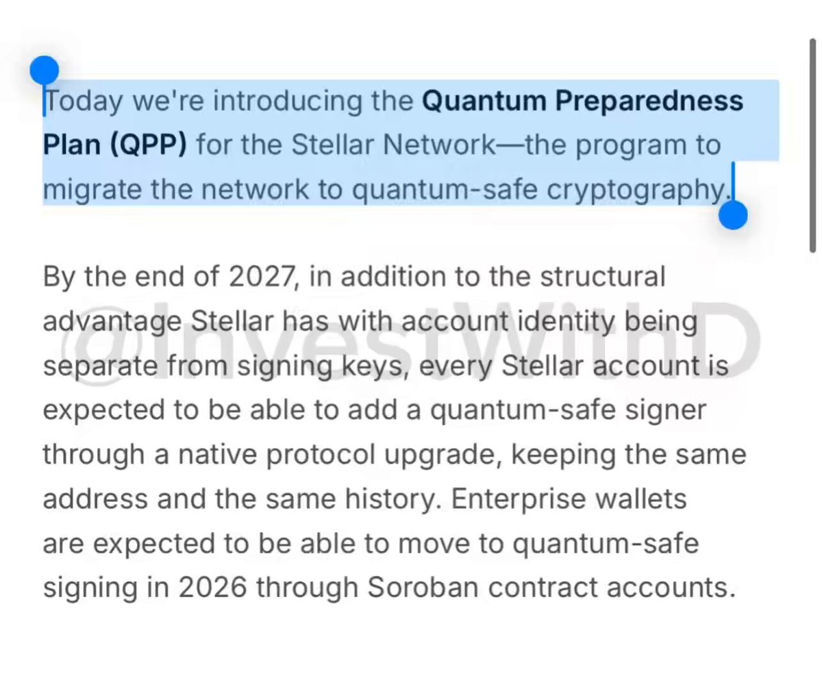 The main focus of the image is a webpage titled "Today we're introducing the Quantum Preparedness Plan (QPP) for the Stellar Network—the program to migrate the network to Quantum-safe cryptography". This text suggests that there might be some sort of information or content related toQuantum Preparedness, either regarding the QPP itself, or the role it plays in securing data through Quantum-resistant measures. It's not clear if this is a list of instructions on how to migrate to Quantum-safe cryptography.