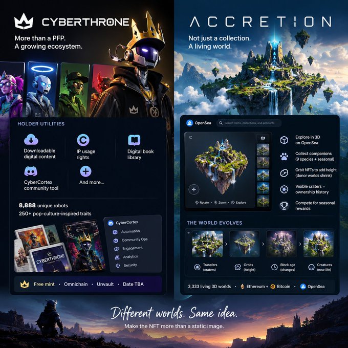 A promotional graphic for 'CYBERTHRONE' and 'ACCRETION' NFT projects, with the tagline 'Different worlds. Same idea. Make the NFT more than a static image,' showcasing 3D worlds and 8,888 unique robots.
