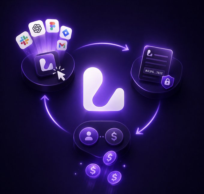 A purple-themed infographic showing integrations with various platforms (Slack, Gmail, etc.) connecting to the Lombard Finance logo, with arrows indicating a flow between users, transactions, and earnings.