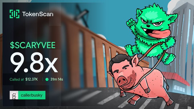 TokenScan interface displaying '$SCARYVEE' with a 9.8x multiplier, called at $12.37K, 31m 14s ago by 'callerbusky', alongside cartoon illustrations of a man being ridden by a pink pig carrying a green monster.
