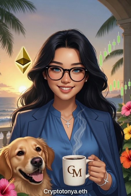 A digital illustration of a smiling woman with glasses holding a 'GM' coffee mug alongside a golden retriever, with an Ethereum logo, green trading candlesticks, and the watermark 'Cryptotonya.eth'.