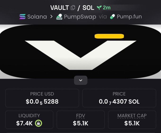 A cryptocurrency token page on PumpSwap via Pump.fun shows the token VAULT paired with SOL, priced at $0.055288 with $7.4K liquidity.