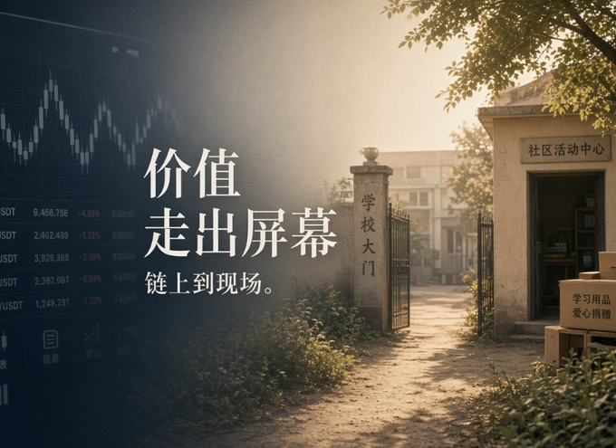 A promotional image with Chinese text '价值走出屏幕 链上到现场' (Value steps off the screen, on-chain to the real world), showing a nostalgic school gate scene with trading data overlaid on the left side.