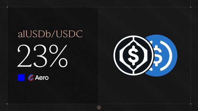 A dark graphic shows 'alUSDb/USDC' with a yield of '23%' on the 'Aero' platform, alongside logos resembling a hexagon with a dollar sign and a blue circle with a dollar sign.