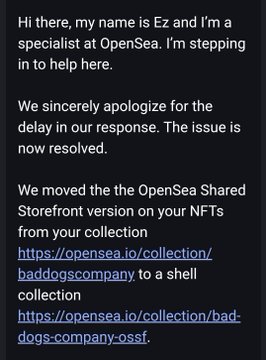 A message from Ez, a specialist at OpenSea, apologizing for a delay and explaining that NFTs were moved from one storefront to a shell collection (opensea.io/collection/bad-dogs-company-ossf).