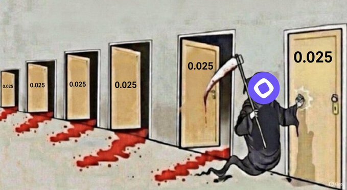 The image depicts the Grim Reaper repeatedly opening doors labeled "$0.025" only to find the MON token price behind each one, visually satirizing the post's idea that Monad's most relatable meme is MON's price perpetually returning to its $0.025 ICO level regardless of which door the grim reaper opens.