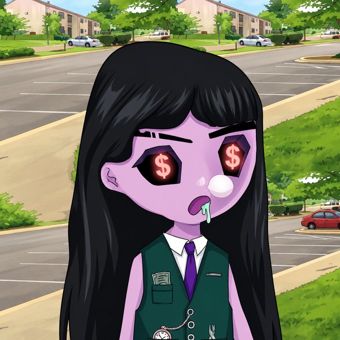 A cartoon-style illustration shows a purple-skinned character with long black hair, dollar signs for eyes, and drool coming from their mouth, dressed in a green vest and purple tie with a pocket watch, standing in a parking lot.