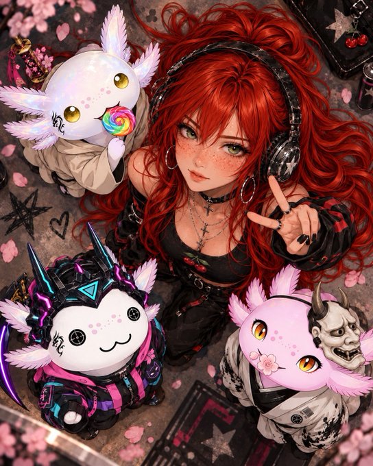 A vibrant anime-style illustration of a red-haired girl wearing headphones, making a peace sign, surrounded by three small winged mascot characters.