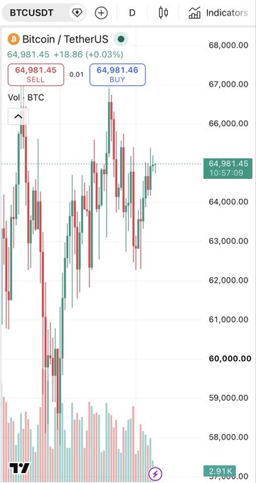 A TradingView candlestick chart for BTCUSDT (Bitcoin/Tether.US) showing the price at 64,981.45 with a +0.03% change, displaying volume bars and price action between roughly $57,000 and $68,000.