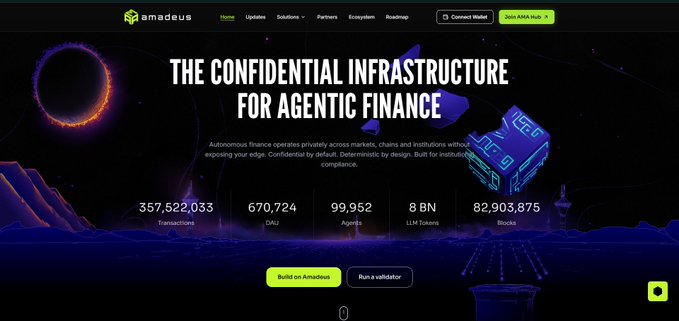 Screenshot of the Amadeus homepage, a website promoting 'THE CONFIDENTIAL INFRASTRUCTURE FOR AGENTIC FINANCE' with statistics including 357,522,033 Transactions, 670,724 DAU, 99,952 Agents, 8 BN LLM Tokens, and 82,903,875 Blocks.