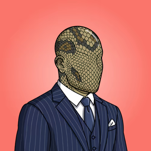 An illustrated figure in a navy pinstripe suit and tie, whose head is covered by a golden net-like mask, set against a coral red background.