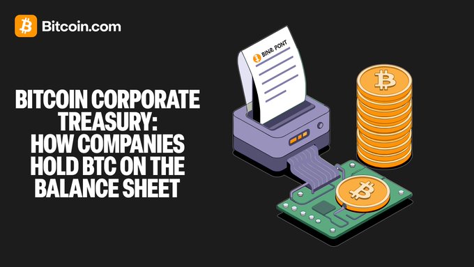 A Bitcoin.com promotional graphic titled 'Bitcoin Corporate Treasury: How Companies Hold BTC on the Balance Sheet,' featuring a printer, stack of Bitcoin coins, and a printed document on a dark background.