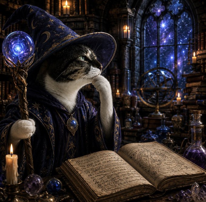 A fantasy artwork depicting a tabby cat dressed as a wizard in a starry blue hat and robes, holding a glowing staff while reading an ancient spellbook in a candlelit, magical library.