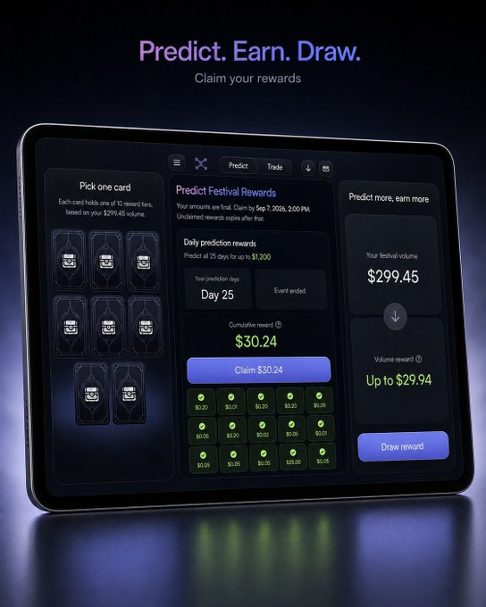 A digital tablet interface displays a 'Predict Festival Rewards' app with sections like 'Pick one card', daily prediction rewards, and a 'Draw reward' button.