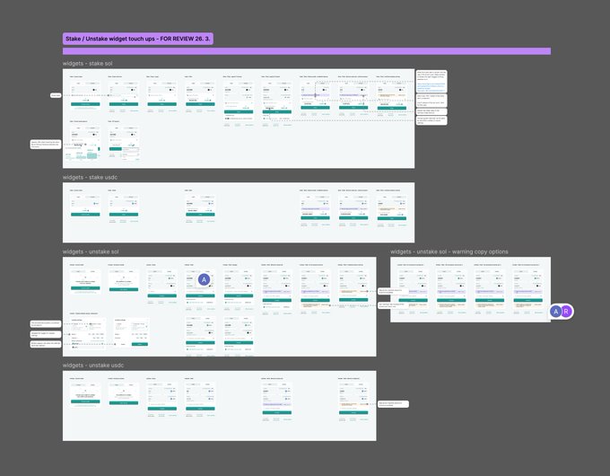 A UX design wireframe or flowchart document titled 'Stake / Unstake widget touch ups - FOR REVIEW 26. 3.' showing various widget states with annotations.