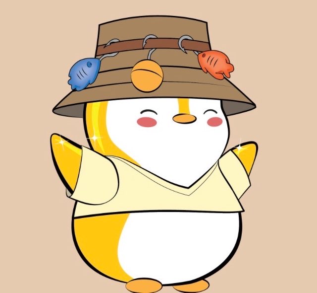 A cute cartoon illustration of a chubby white and yellow penguin-like character wearing a bucket hat decorated with fish charms, smiling with closed eyes on a beige background.