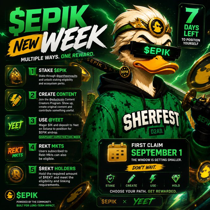 A promotional graphic for '$EPIK NEW WEEK' featuring a duck character in a green hoodie and goggles, listing 5 ways to earn rewards (STAKE $EPIK, CREATE CONTENT, USE @YEET, REKT MKTS, $REKT HOLDERS) with a '7 DAYS LEFT TO POSITION YOURSELF' notice and 'FIRST CLAIM SEPTEMBER 1'.