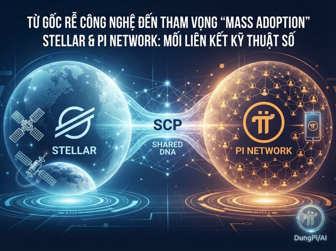 A Vietnamese promotional graphic titled 'TỪ GÓC RẼ CÔNG NGHỆ ĐẾN THAM VỌNG "MASS ADOPTION" STELLAR & PI NETWORK: MỐI LIÊN KẾT KỸ THUẬT SỐ' showing a digital connection between Stellar and Pi Network.