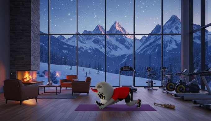 A digitally rendered scene of an anthropomorphic character doing push-ups on a yoga mat in a luxurious modern home with a fireplace, gym equipment, and a panoramic view of snow-capped mountains.