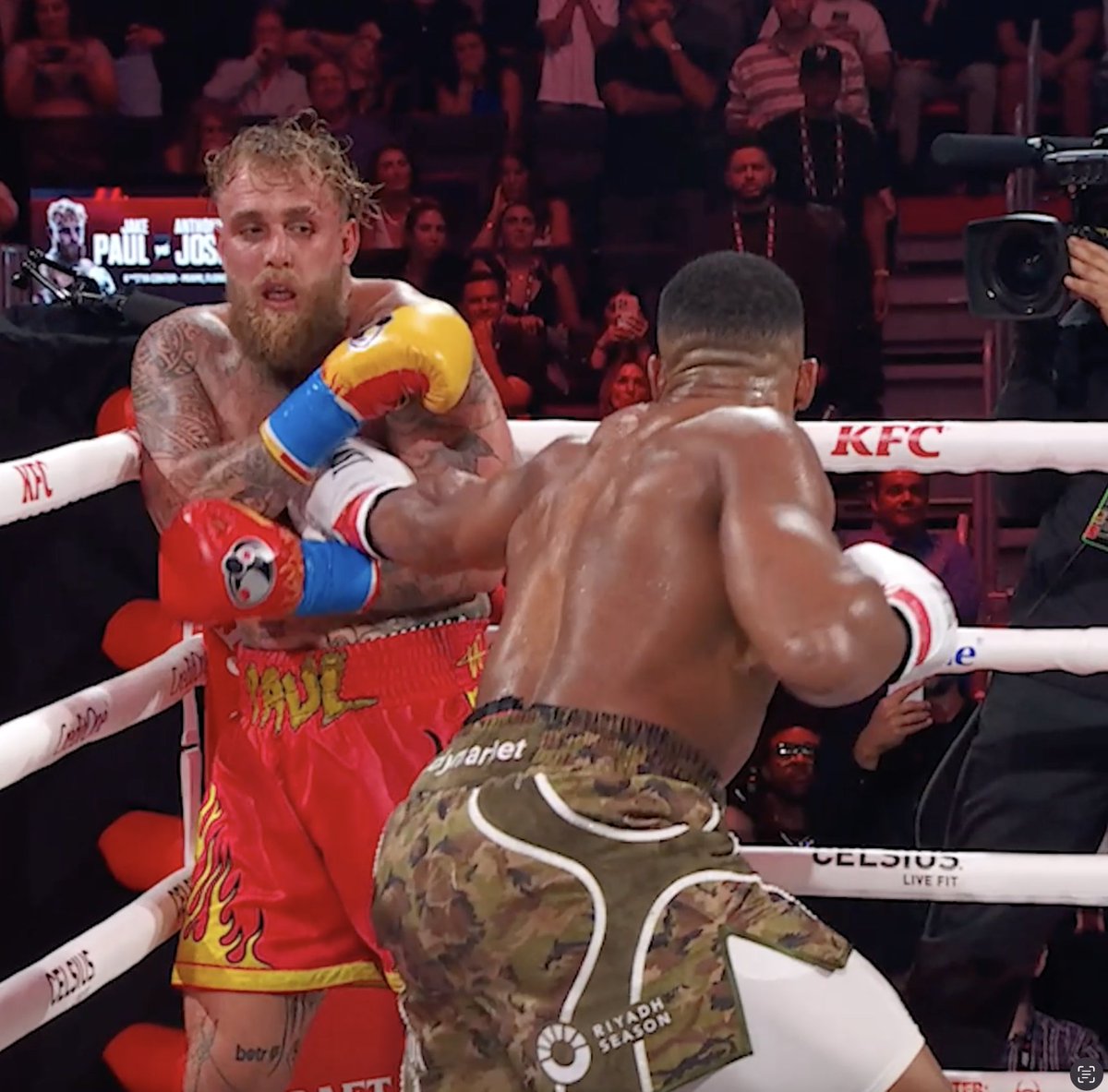 Jake Paul, wearing red "Paul" trunks, takes a punch to the face from his opponent (Anthony Joshua) during their recent boxing match, mirroring the helpless feeling of altcoin holders as $BTC drops. The image captures Paul grimacing on the ropes, perfectly capturing the meme's sentiment of being caught defenseless as Bitcoin's decline drags altcoins down with it.