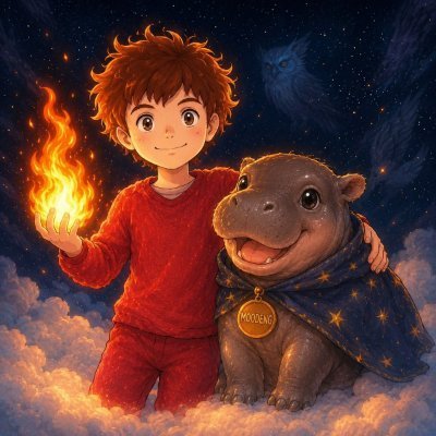 A cartoon-style illustration shows a red-haired boy in pajamas holding a flame while hugging a smiling hippopotamus wearing a starry blue cape, with "MOONRT" visible on the hippo's medal beneath an owl in the night sky. The image doesn't relate to the CRYPTOKSA promotion about investment links and capital recovery, as it depicts a fantasy storybook scene rather than any crypto or financial content.