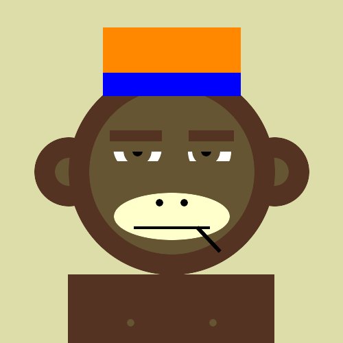 A cartoon illustration of a tired-looking brown monkey wearing an orange and blue cap, set against a pale yellow background.