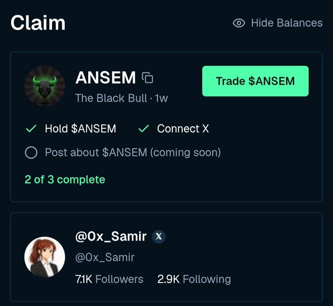 A cryptocurrency airdrop claim page for the $ANSEM token, showing "The Black Bull" token details and a 2 of 3 completion status for the @0x_Samir account with 71K followers.