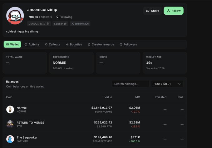 A screenshot of ansemchizimp's wallet page shows holdings including $1.64M in NORMIE (down 72.7%), $255K in RTM, and $192K in PATTYCE (up 206.1%), with "NORMIE" marked as the top holding, aligning with the post's commentary about changes in his wallet and mentions of "now number 3."