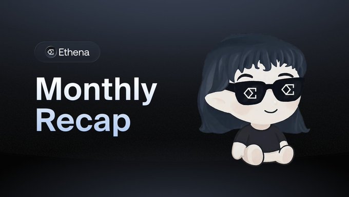 The image features a cartoon girl wearing sunglasses, sitting down with her arms crossed. The background is black, which contrasts with the girl's face. The text "Monthly Recap" is written above the girl, indicating that this is a summary of events or activities related to Ethena in May.
