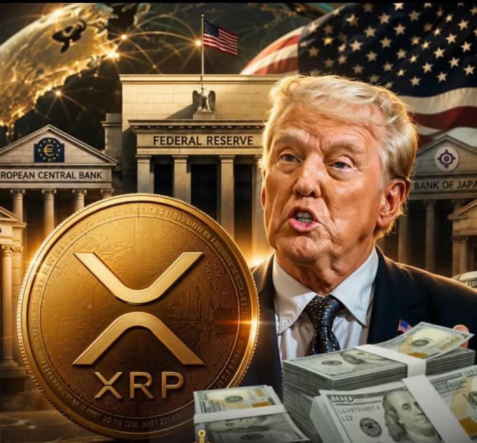 This image depicts a large XRP coin in front of buildings labeled "FEDERAL RESERVE," "EUROPEAN CENTRAL BANK," and "BANK OF JAPAN," alongside stacks of US dollars and a portrait of Donald Trump. It visually represents the idea that crypto stablecoins like XRP are strengthening the dollar, as suggested by the accompanying post.