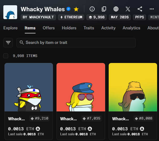 The Whacky Whales NFT collection page on OpenSea, displaying 9,998 items on Ethereum, showing three cartoon whale NFTs priced at 0.0013 ETH each with various accessories like ninja masks, captain hats, and sunglasses.