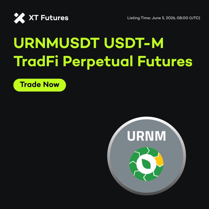 xt.com/futures has listed a trading alert for URNMUSDT at 08:00 on June 5, 2026 ( UTC ). The text indicates that the trading alert is focused on the #TradFi sector. The website also states that they are listing new markets and assets, including a specific list of ticker symbols like "URNM" along with other assets like ETFs.