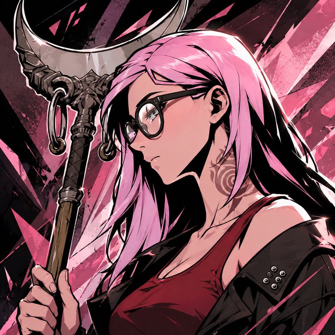 An anime-style illustration of a young woman with long pink hair and round glasses, holding a large crescent-bladed staff weapon against a dynamic pink and black background.