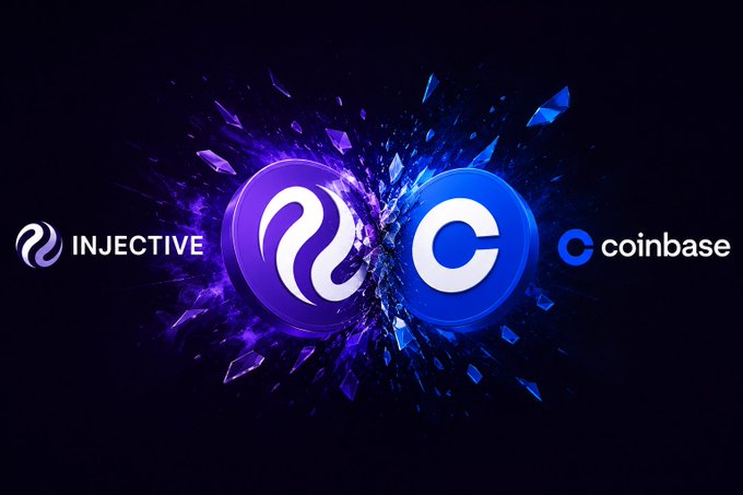 The image features a logo for two cryptocurrency companies, @injective and @coinbase. The logos are set against a black background with blue splatters, creating an abstract design. The text "INJECTIVE" and "@coinbase" is written in white letters above the logo, while the text "ERC-20 to native Injective EVM July 
 2026. 1:1 conversion, zero fees." is written below the logo. This suggests that the companies are collaborating on a project or offering a new way of using cryptocurrency.