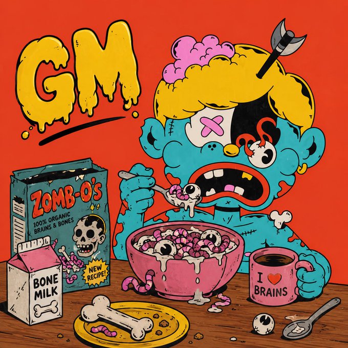 A colorful illustration of a blue zombie character with exposed pink brain eating cereal from a pink bowl, accompanied by the dripping yellow text "GM." in the top left and product boxes labeled "ZOMB-O'S 100% ORGANIC BRAINS & BONES" and "BONE MILK".