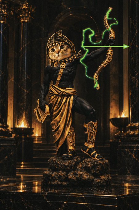 A detailed statue of a cat wearing dark armor and a golden, Egyptian-style headdress, holding a glowing green bow in a dark, temple-like setting.
