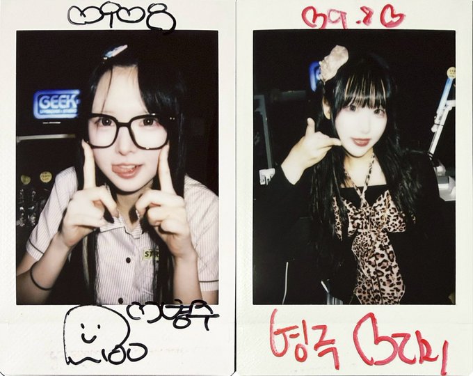 Two polaroid-style photos with hand-drawn doodles and writing show young women posing, one wearing glasses and a striped shirt, the other in a leopard-print top making a phone gesture.