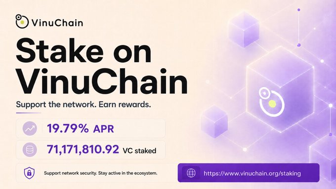 The image features a banner from the cryptocurrency network VinuChain, promoting the concept of staking virtual currency (VMAT). The banner contains information about the process of staking, including that users can stake their virtual currency to support the network's growth and potentially earn rewards in return. It also provides the current stake value, which is 19.79% APR. There are two additional posts related to this topic: one is a sponsored post, while the other is an informational post on the VinuChain website. The image focuses on these elements as they relate to the main concept of staking VMAT on VinuChain.