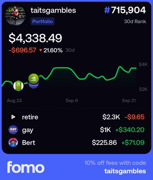 A mobile app screenshot from "fomo" displays a stock portfolio for user "taitsgambles" with rank #715,904, showing a portfolio value of $4,338.49, down $696.57 (-21.60%).