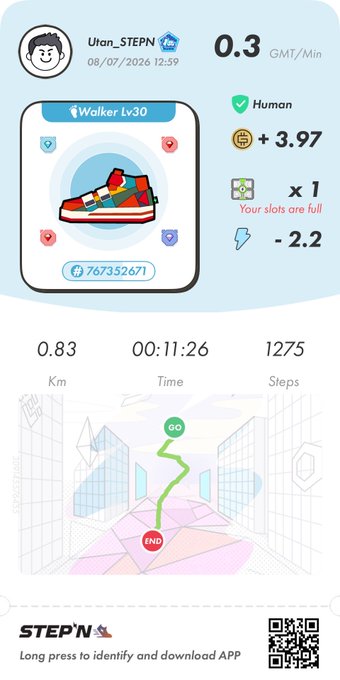 STEPN app screenshot showing user "Utan_STEPn" earning 0.3 GMT/Min with a Walker Lv30 sneaker, displaying stats of 0.83 km, 11:26 time, and 1275 steps along a map route.
