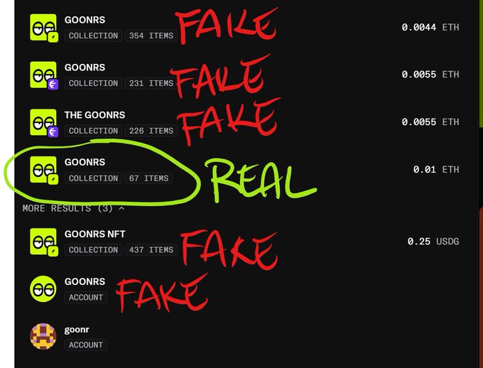 An annotated screenshot identifying the real 'GOONRS' NFT collection (67 items, 0.01 ETH) among several fake copycat collections marked in red.